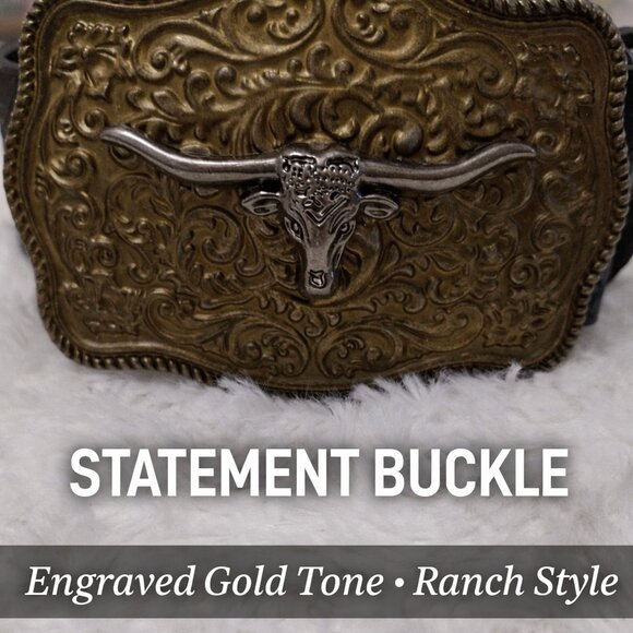 Western Longhorn Skull Statement Belt Engraved Gold Buckle Ranch Style - Picture 2 of 12